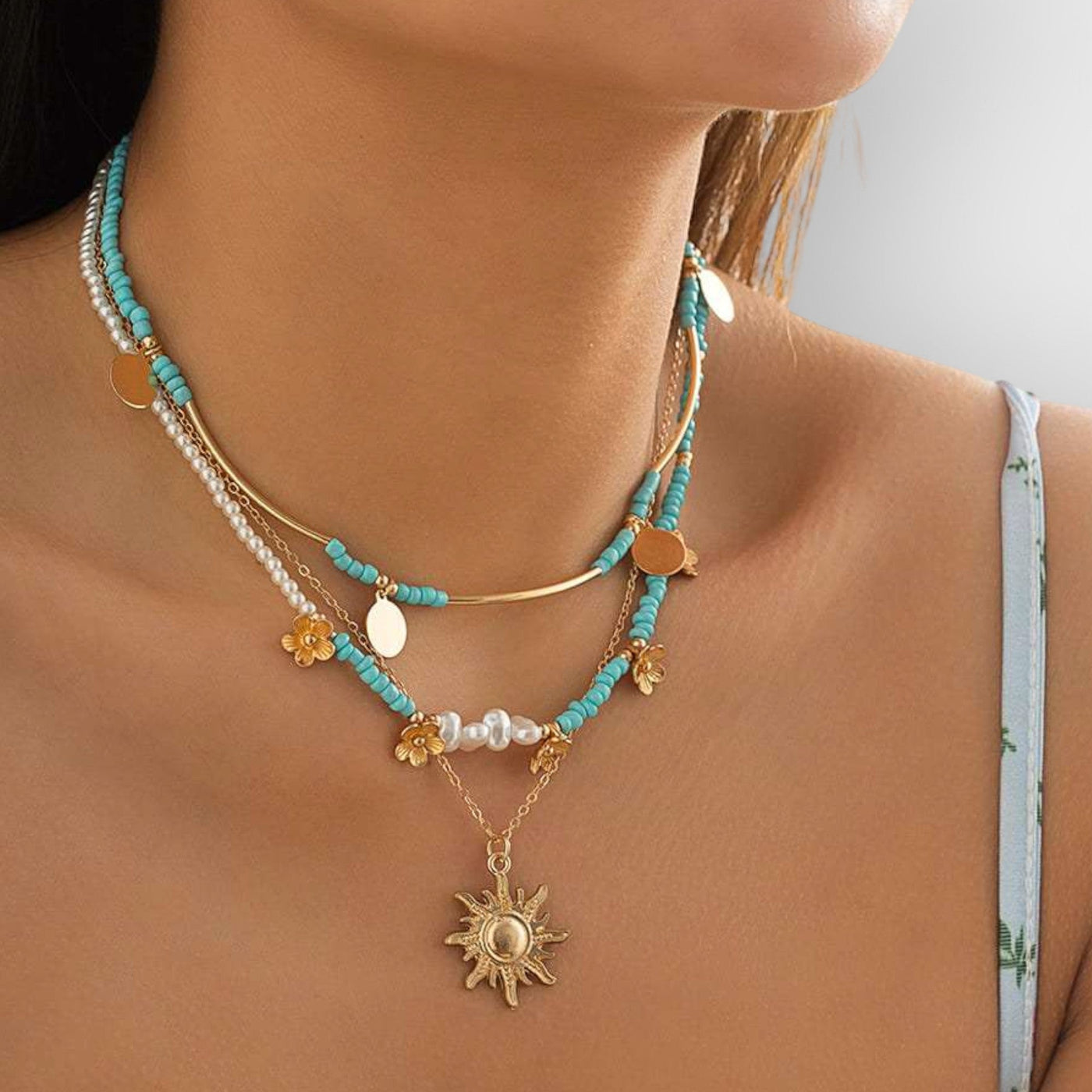 3pcs Sun & Floral Faux Pearl Beaded Necklace
