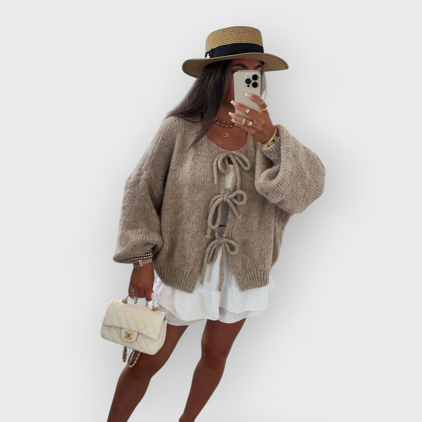 Solid Color Crew Neck Lace-Up Cardigan