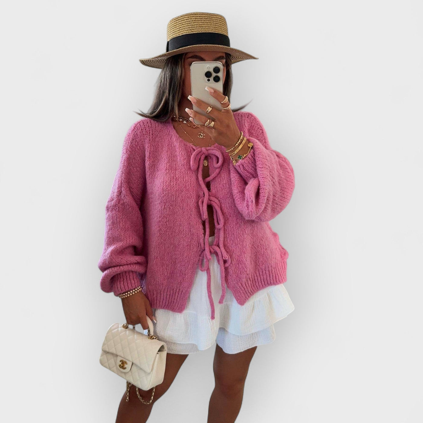Solid Color Crew Neck Lace-Up Cardigan