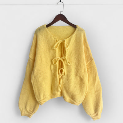 Solid Color Crew Neck Lace-Up Cardigan