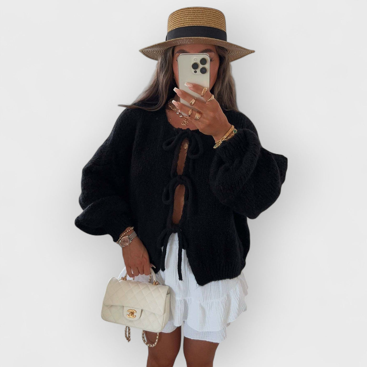 Solid Color Crew Neck Lace-Up Cardigan