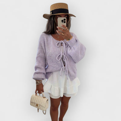 Solid Color Crew Neck Lace-Up Cardigan