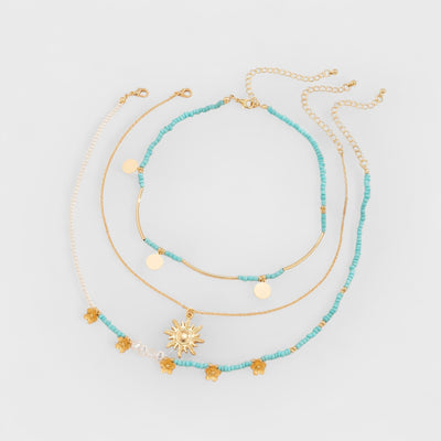 3pcs Sun & Floral Faux Pearl Beaded Necklace