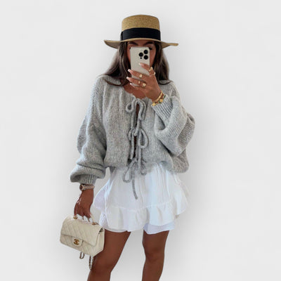 Solid Color Crew Neck Lace-Up Cardigan