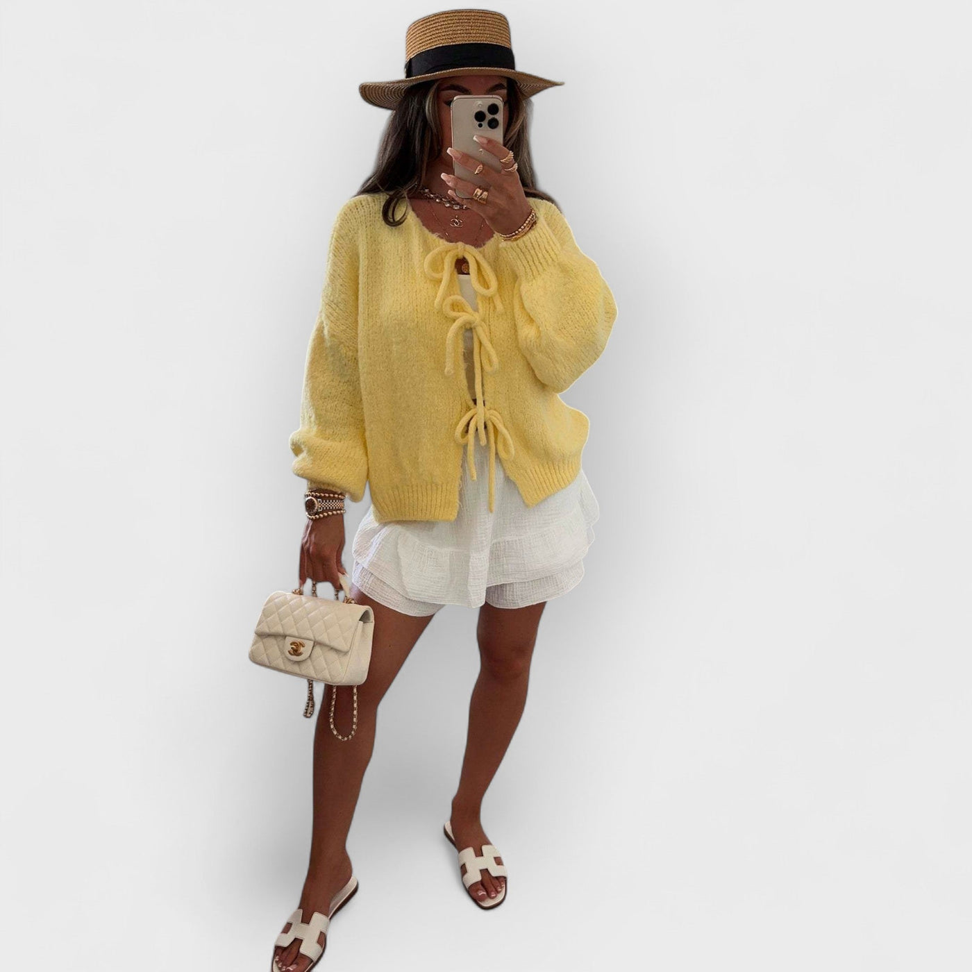 Solid Color Crew Neck Lace-Up Cardigan