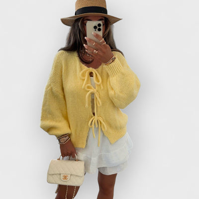 Solid Color Crew Neck Lace-Up Cardigan