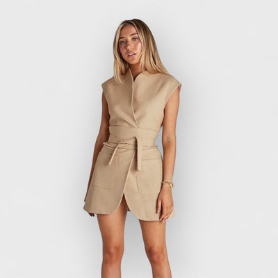 V-Neck Design Belted Dress