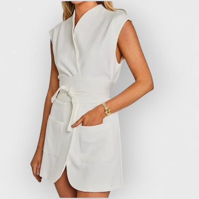 V-Neck Design Belted Dress