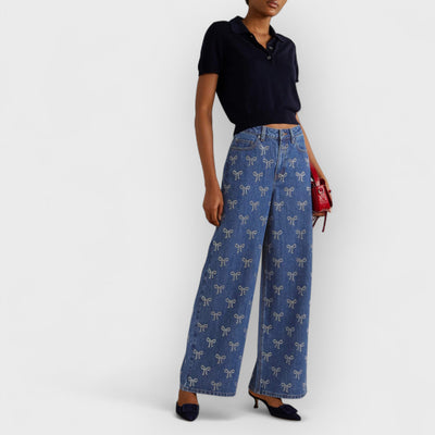 Bow Crystal-Embellished High-Rise Wide-Leg Jeans
