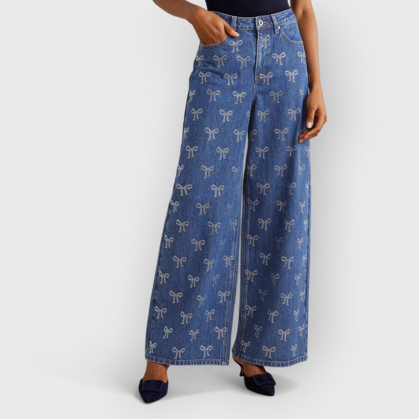 Bow Crystal-Embellished High-Rise Wide-Leg Jeans