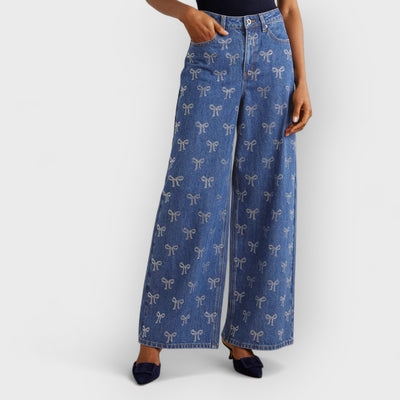 Bow Crystal-Embellished High-Rise Wide-Leg Jeans