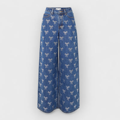 Bow Crystal-Embellished High-Rise Wide-Leg Jeans