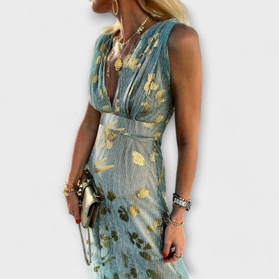 Flowing Dress with V-Neck and Sequin Details