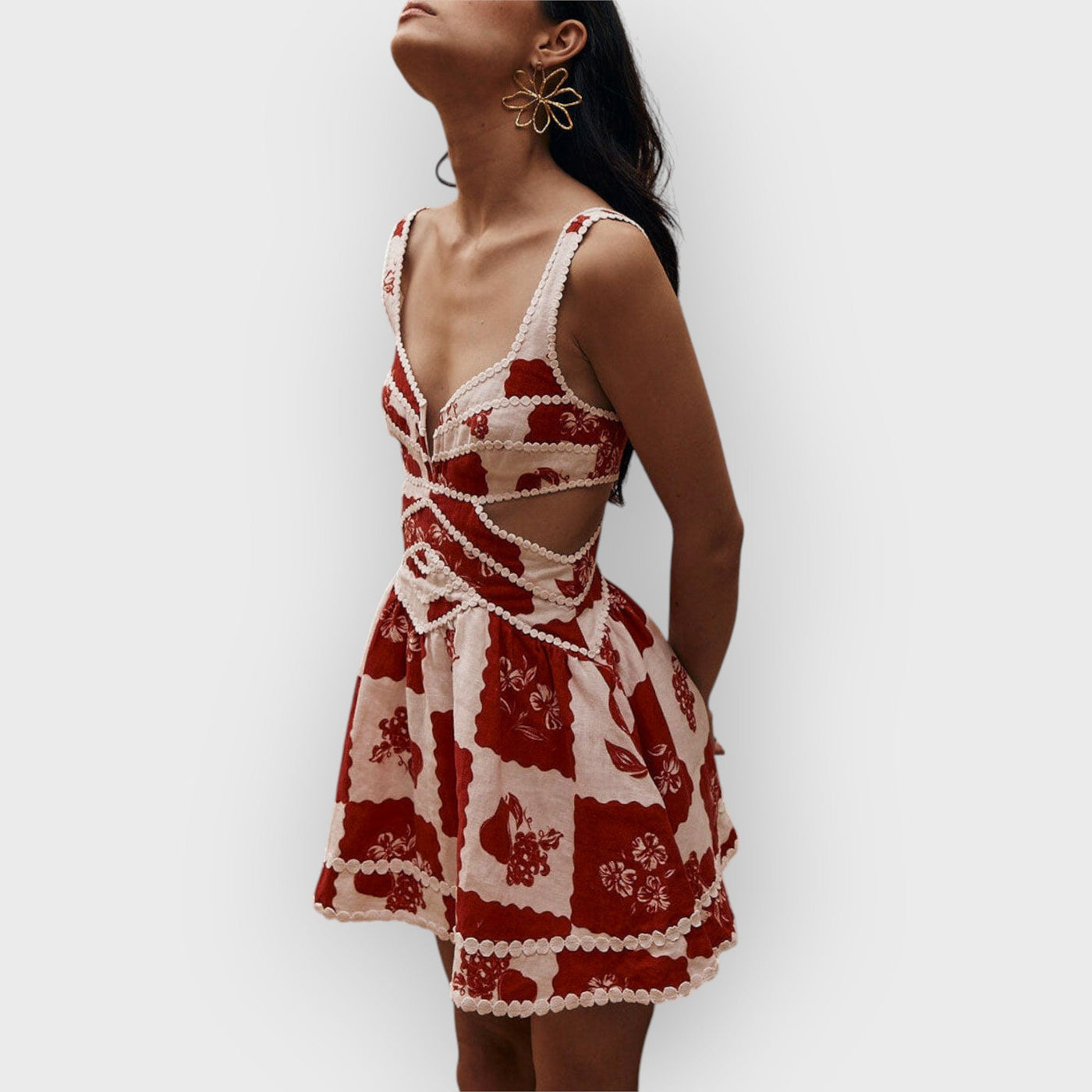 Floral Decorative Unique Print V-Neck Hollow A-Line Mini Dress