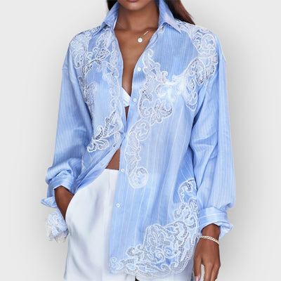 Casual Guipure Lace Striped Turndown Collar Button Long Sleeve Blouse