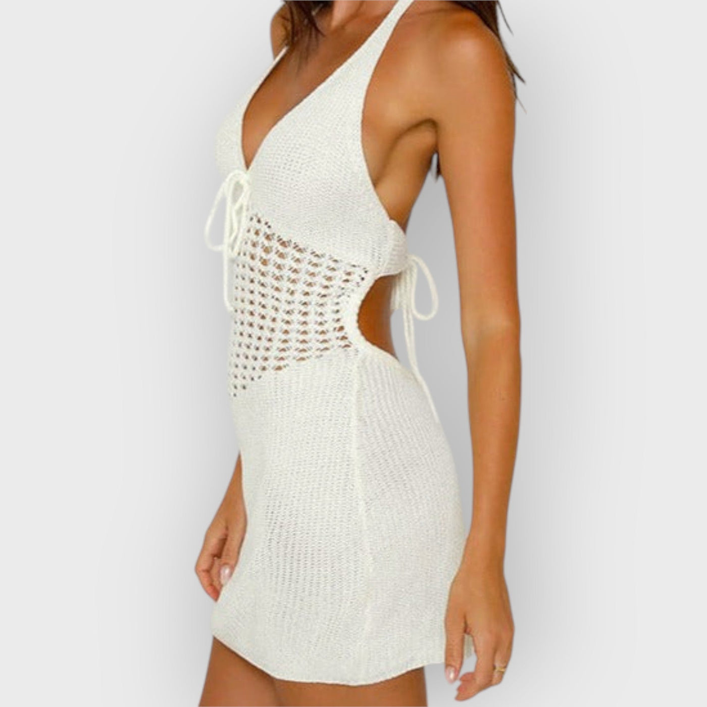 Halter Crochet Waist Backless Knit Mini Dress