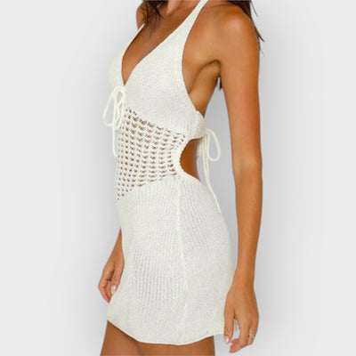 Halter Crochet Waist Backless Knit Mini Dress