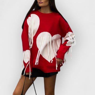 Heart Tassel Round Neck Loose Long Sweater