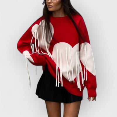 Heart Tassel Round Neck Loose Long Sweater