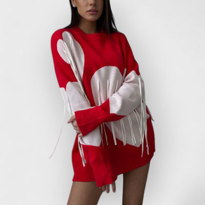 Heart Tassel Round Neck Loose Long Sweater