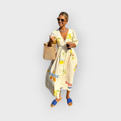 Unique Holiday Folk Floral Print Puff Sleeve Midi Dress