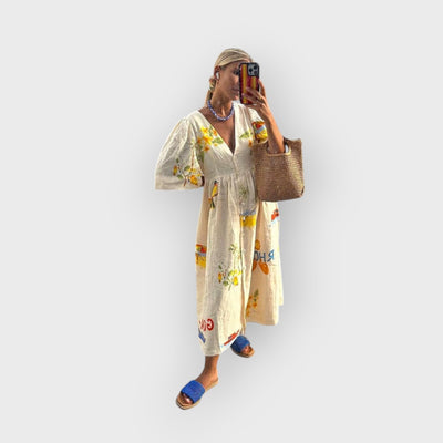 Unique Holiday Folk Floral Print Puff Sleeve Midi Dress