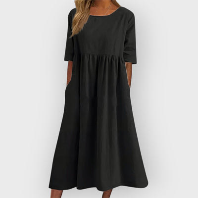 Harper Breathable Vintage Midi Dress with Pleated Design