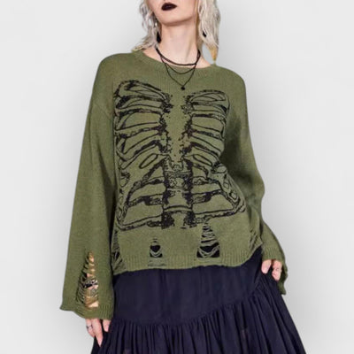 Halloween Skeleton Dark Style Ripped Long Sleeve Sweater