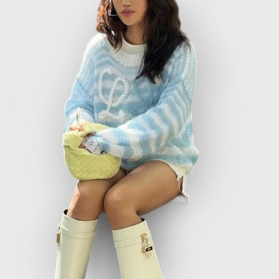 Blue White Contrast Striped Sweater