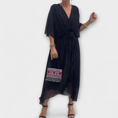 Flowing Women's Midi Dress with V-Neck and Waist Belt