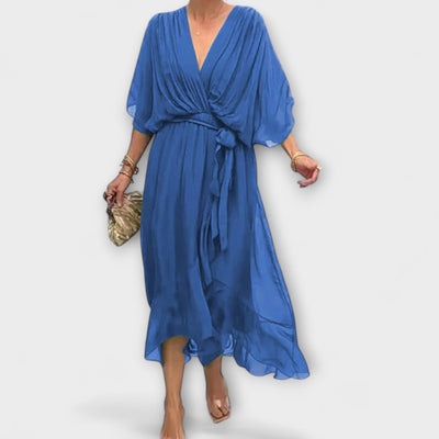 Flowing Women's Midi Dress with V-Neck and Waist Belt