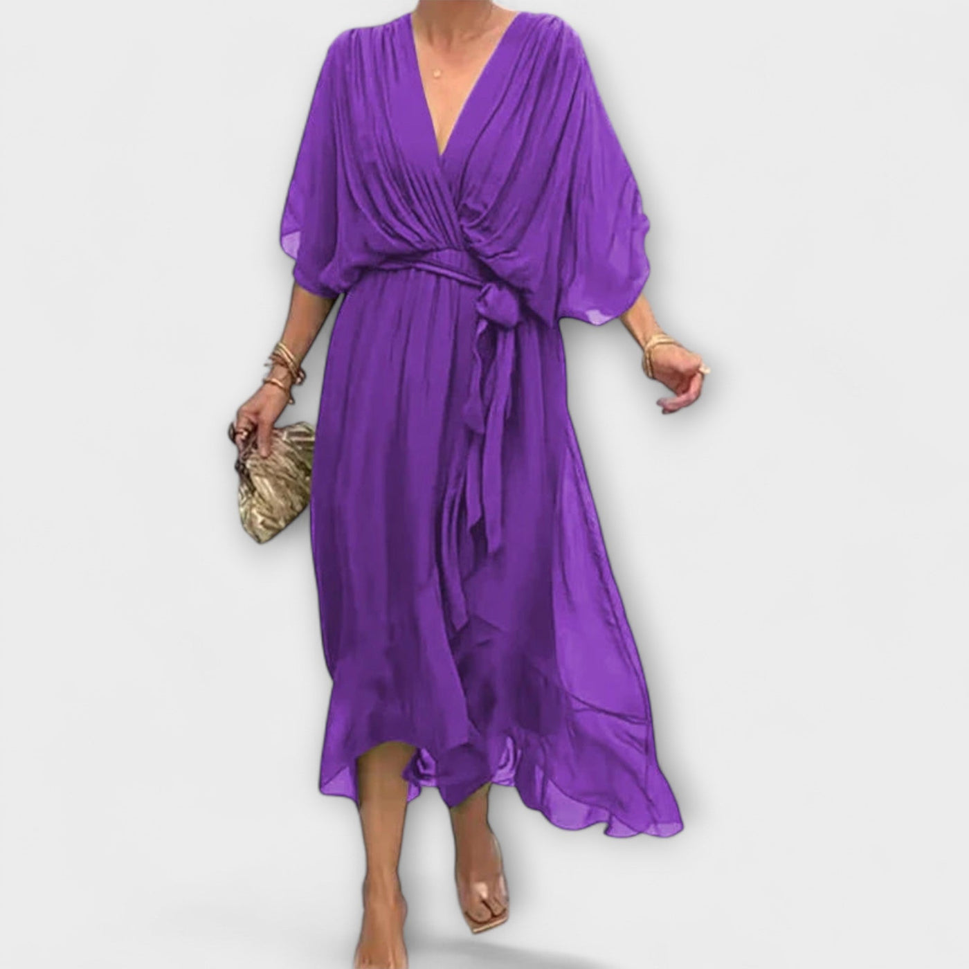 Flowing Women's Midi Dress with V-Neck and Waist Belt