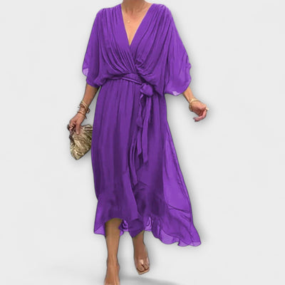 Flowing Women's Midi Dress with V-Neck and Waist Belt