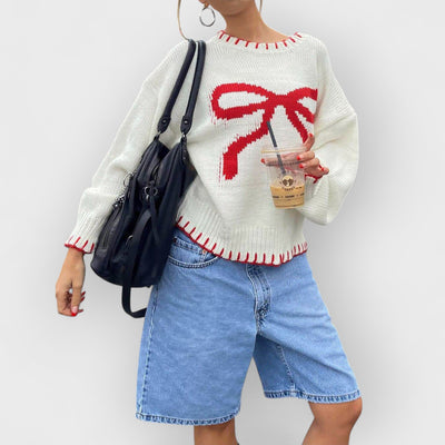 Bow Jacquard Loose Pullover Sweater