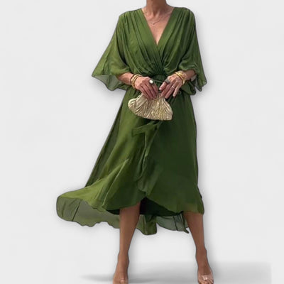Flowing Women's Midi Dress with V-Neck and Waist Belt