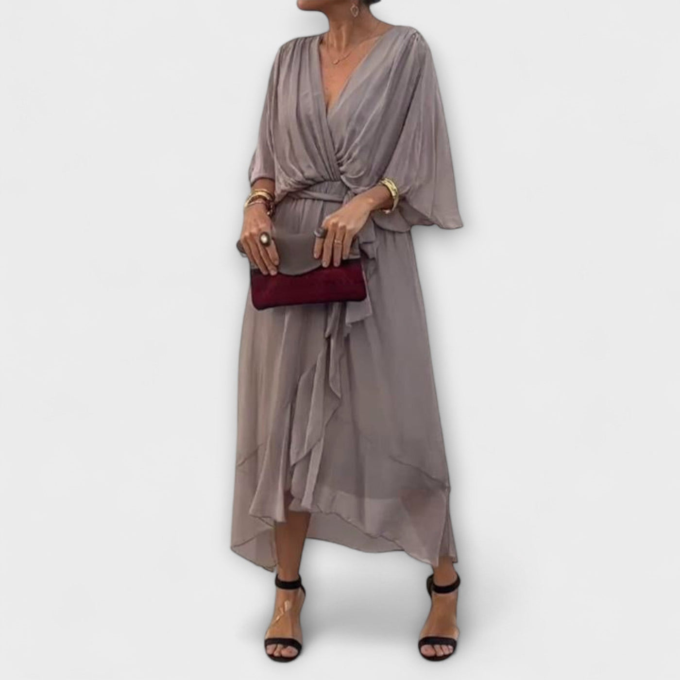 Flowing Women's Midi Dress with V-Neck and Waist Belt