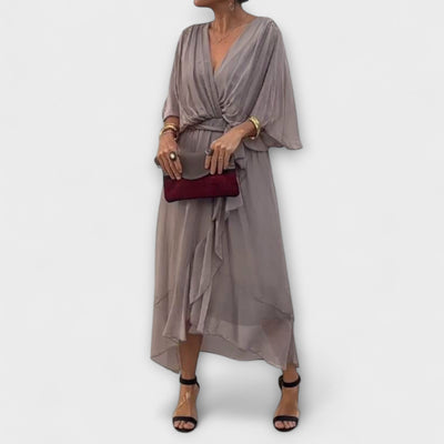 Flowing Women's Midi Dress with V-Neck and Waist Belt