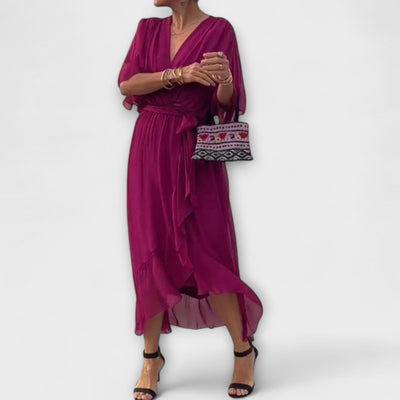 Flowing Women's Midi Dress with V-Neck and Waist Belt