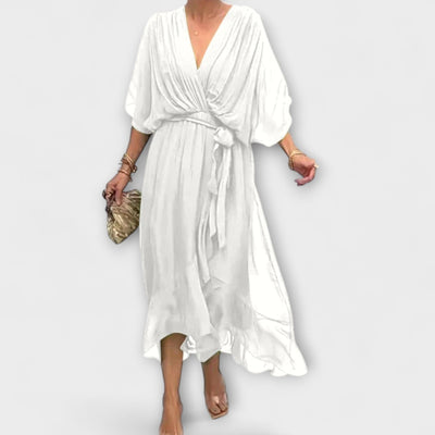 Flowing Women's Midi Dress with V-Neck and Waist Belt