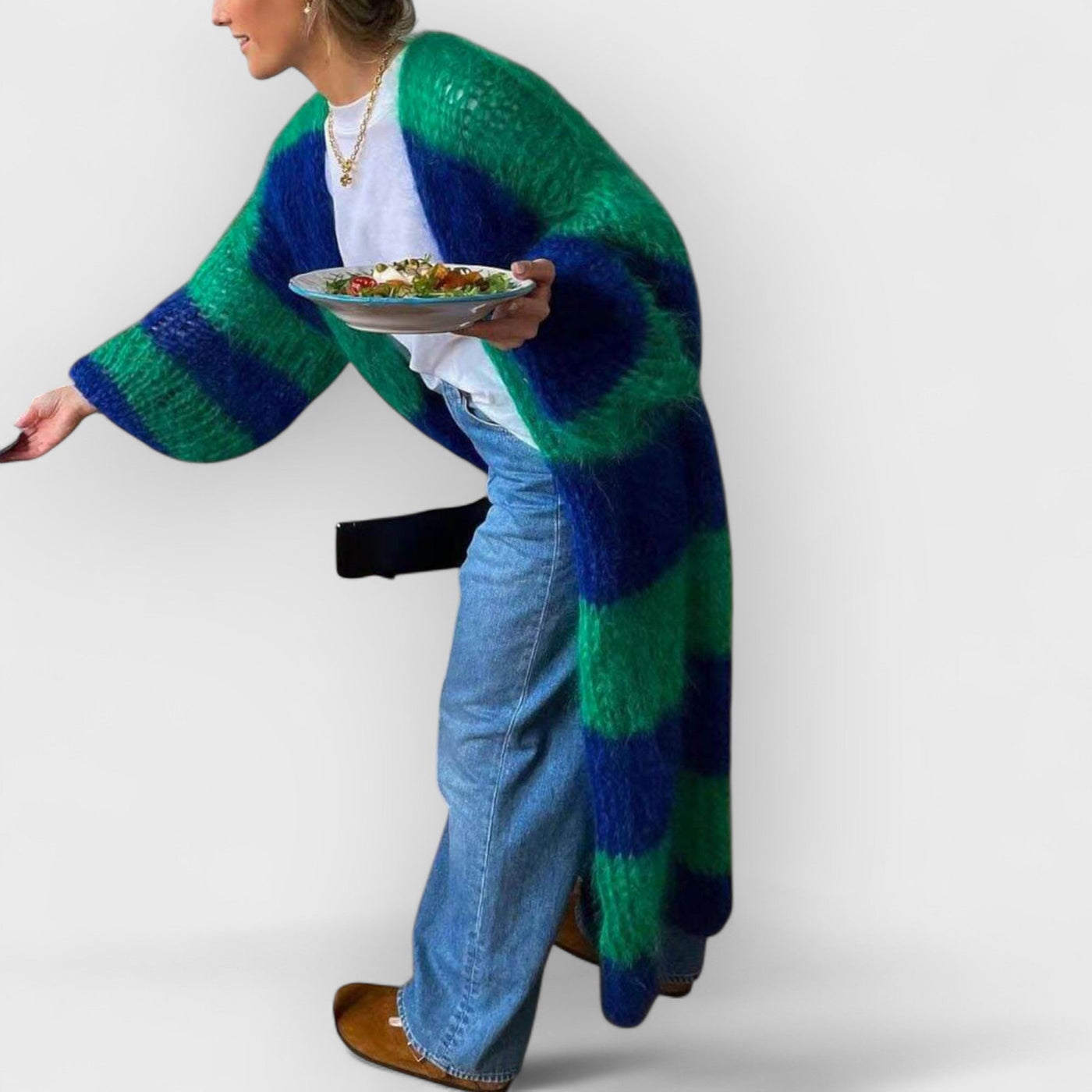 Lazy Style Contrast Striped Sweater Long Coat