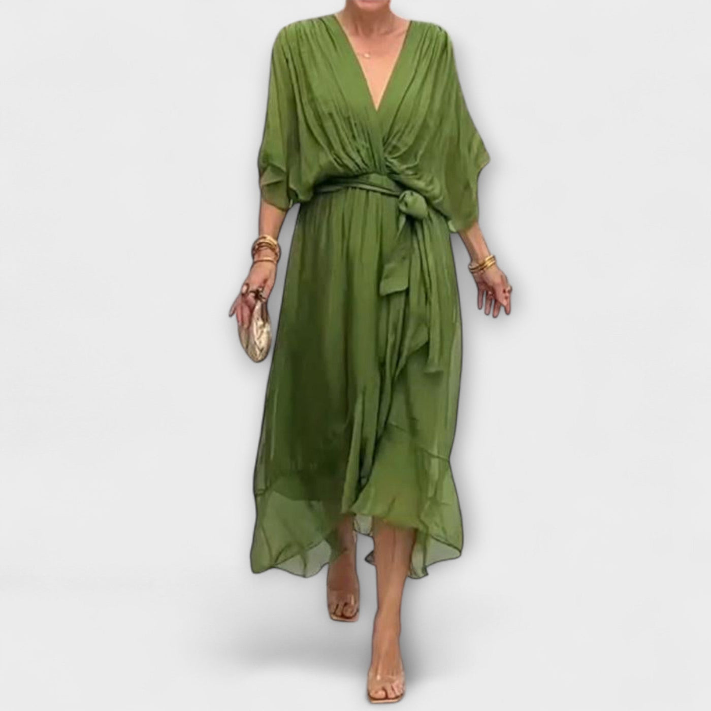 Flowing Women's Midi Dress with V-Neck and Waist Belt
