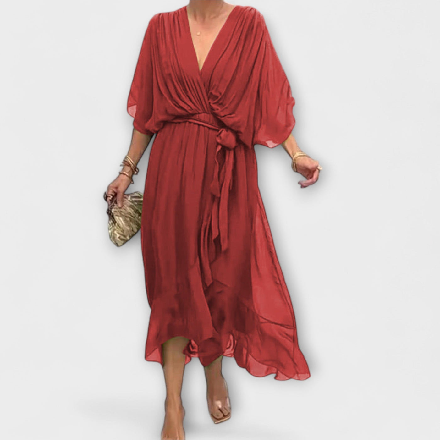 Flowing Women's Midi Dress with V-Neck and Waist Belt