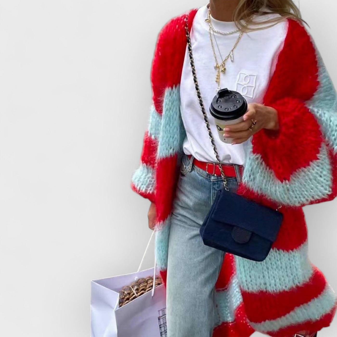 Lazy Style Contrast Striped Sweater Long Coat
