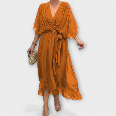 Flowing Women's Midi Dress with V-Neck and Waist Belt
