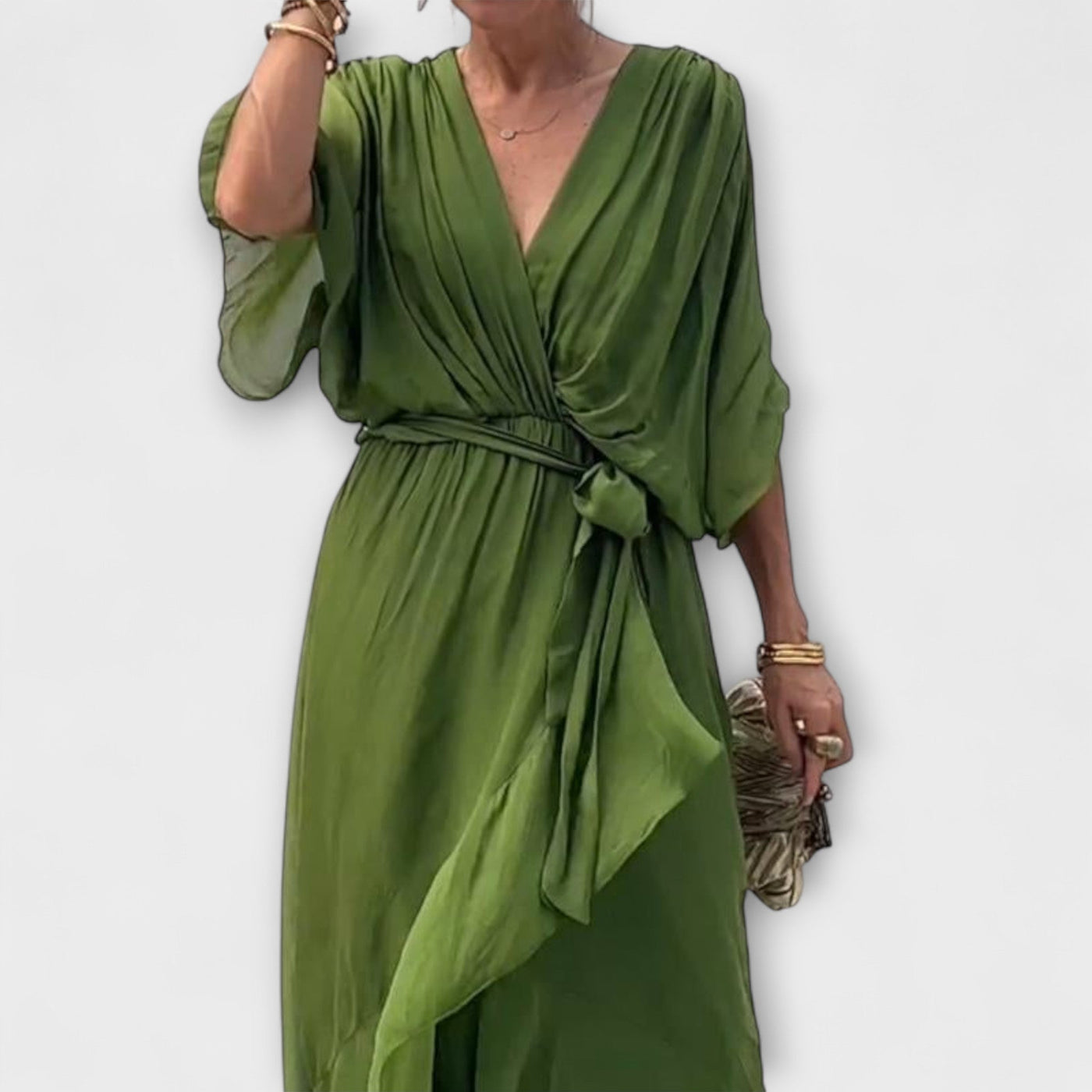 Flowing Women's Midi Dress with V-Neck and Waist Belt