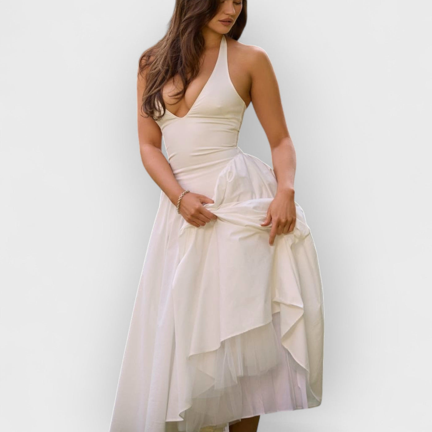 White Cotton Halter Midi Sundress