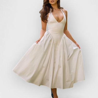 White Cotton Halter Midi Sundress