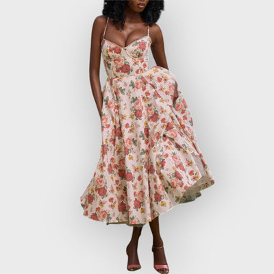 Italian Rose Print Tulle Midi Dress