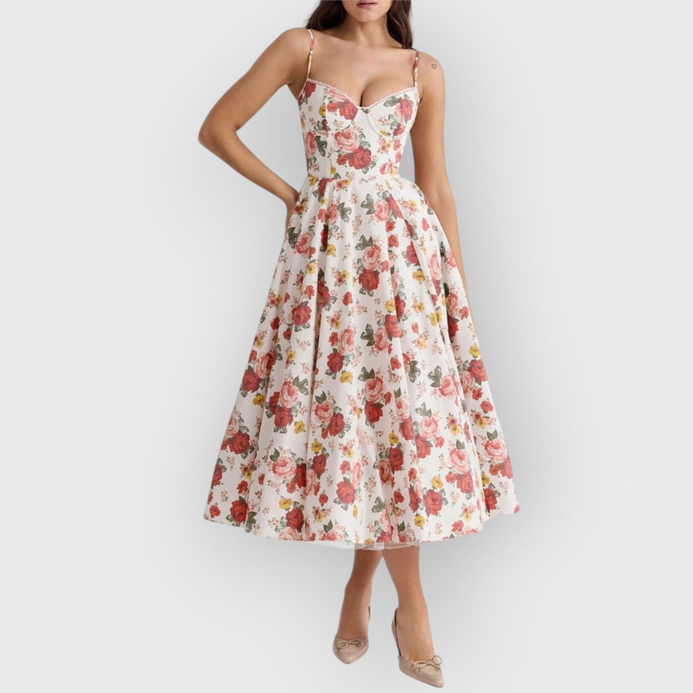 Italian Rose Print Tulle Midi Dress