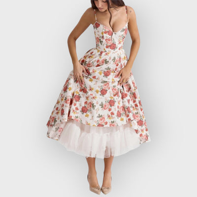 Italian Rose Print Tulle Midi Dress
